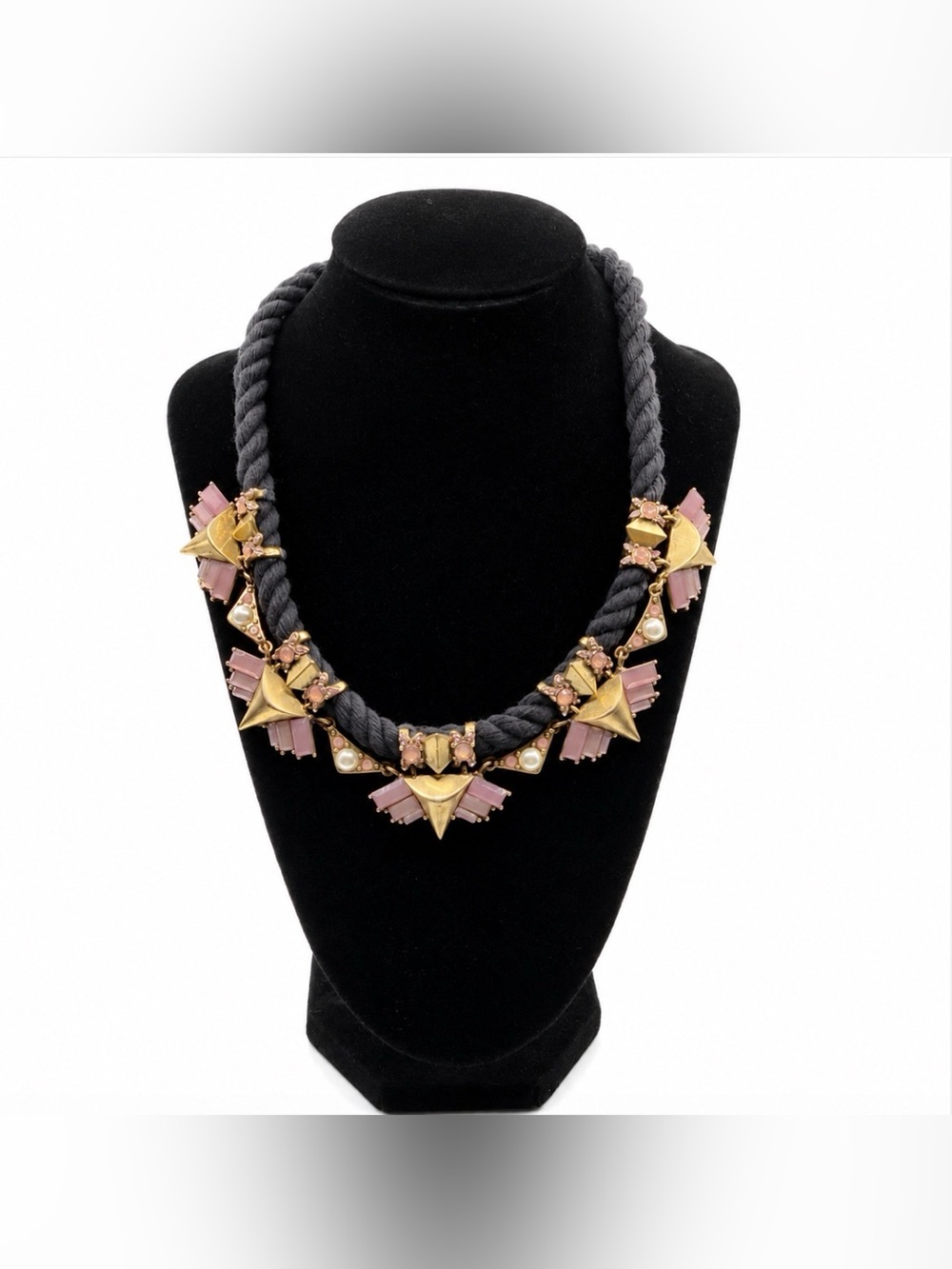 J Crew Black Cord Matte Gold Tone Pink Rhinestone Necklace - Picture 5 of 7